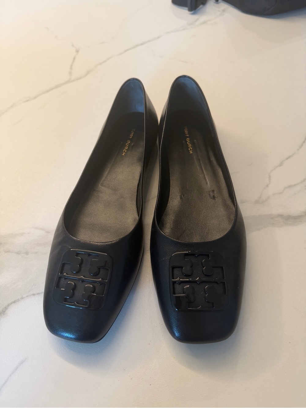 Tory Burch Black Leather Logo Square-Toe Ballet Flats